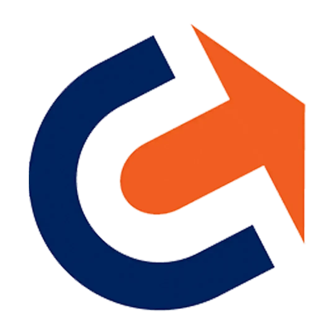 A dark blue letter C shape curving around a solid orange arrow pointing upward and to the right.