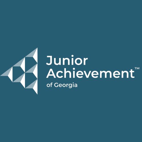 The Junior Achievement of Georgia logo with a geometric arrow icon on a teal background.