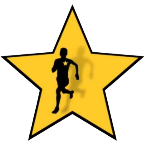 A black silhouette of a runner with a small star on their chest, centered on a large yellow five-pointed star.