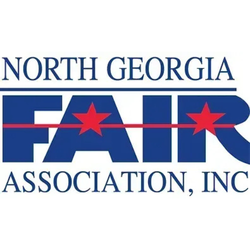 Logo for the North Georgia Fair Association, Inc. in blue text with two red stars on a horizontal red line.