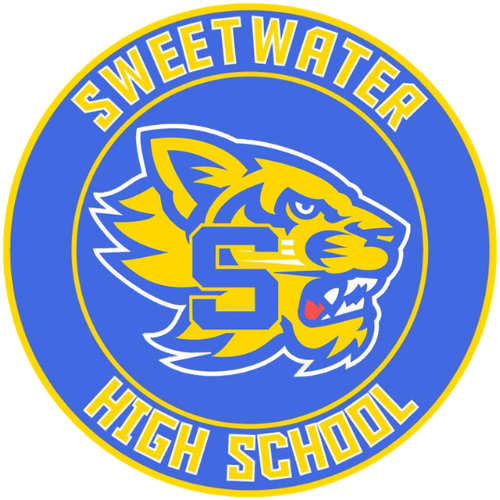 A circular logo for Sweetwater High School, featuring a yellow wildcat head with a blue letter 