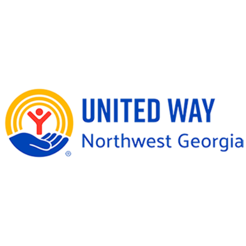 The logo for United Way of Northwest Georgia featuring a red human figure rising from a blue hand within a yellow arc.