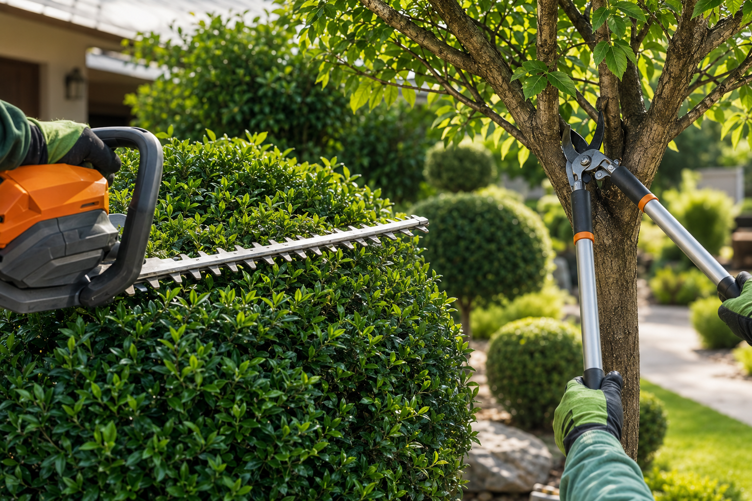 Person trimming a green hedge with an orange electric trimmer in a sunny garden