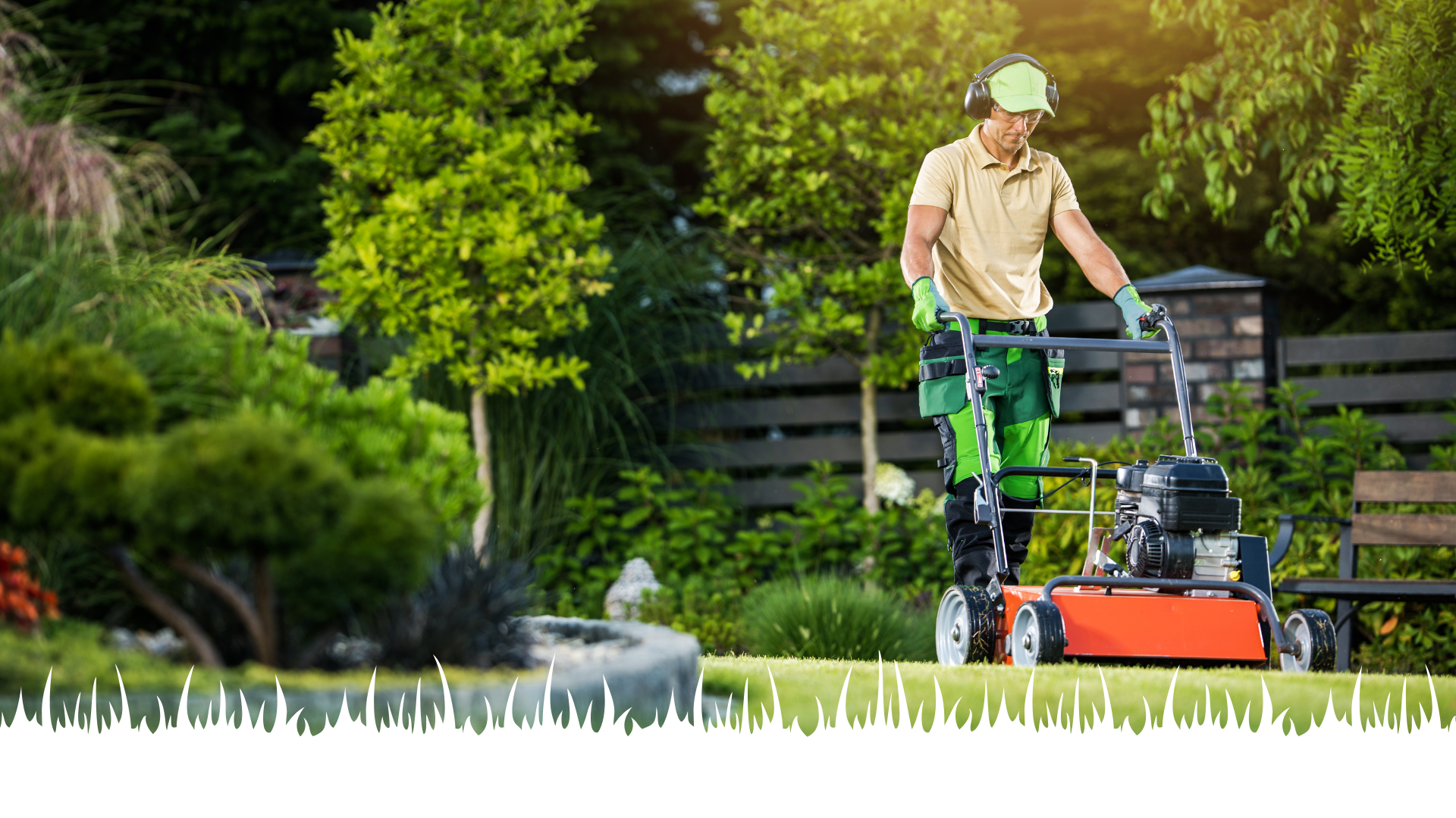 Man mowing lawn with orange mower in sunny garden.