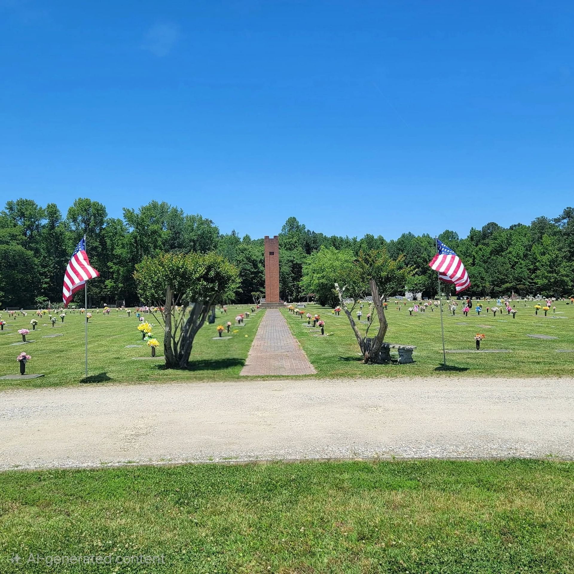 Cemetery with American flags on either side of a brick path leading to a central monument.