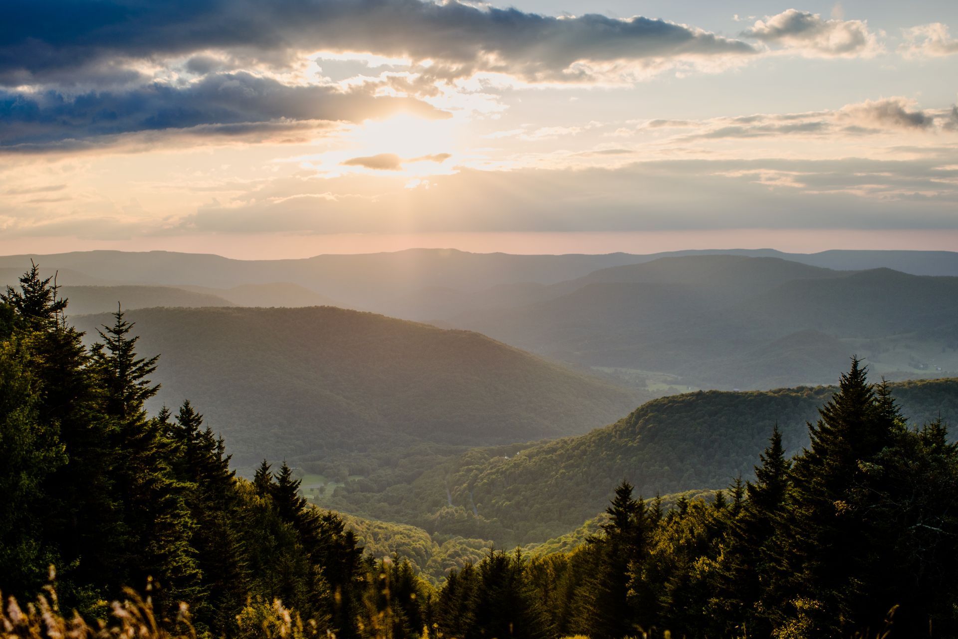 Sun setting over a mountain range with trees in the foreground; golden light and clouds.