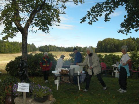 Folk på et utendørsarrangement; tilbereder mat nær et jorde, under et tre, på en solrik dag.
