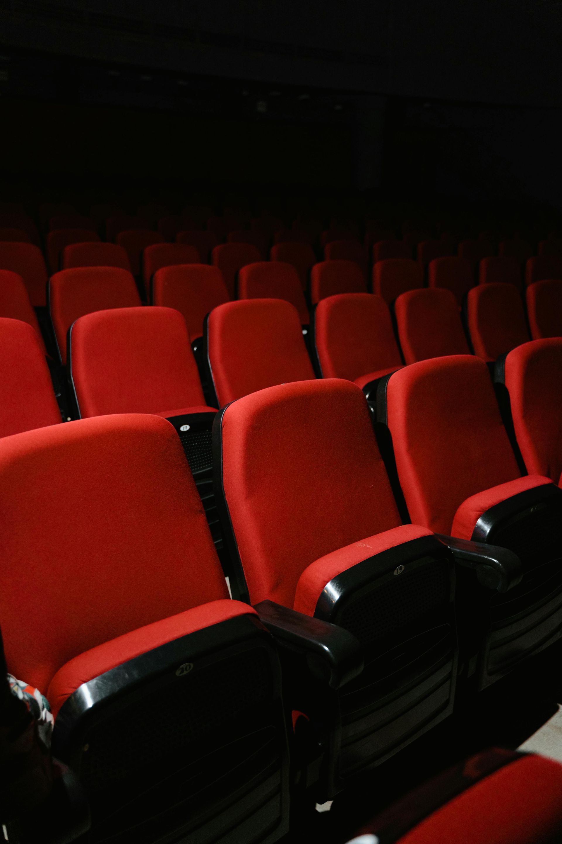 Rows of empty red seats in a dark movie theater.