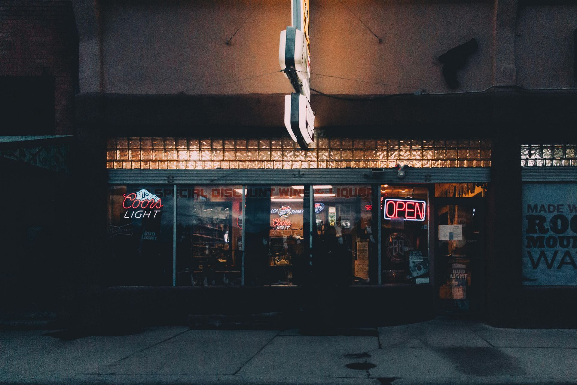 Storefront at night with