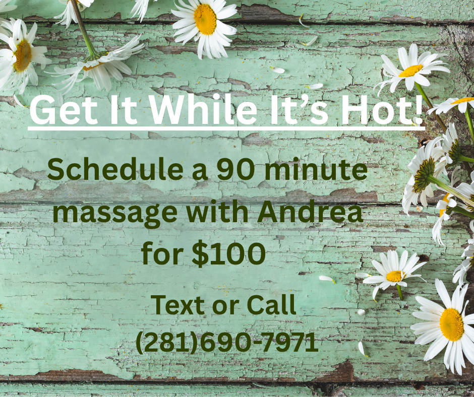 Mint floral promo: “Get It While It’s Hot!” 90-minute massage with Andrea for $100, call (281)690-7971