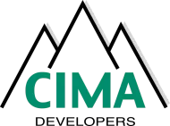 Logo for CIMA Developers featuring a teal "CIMA" below a black mountain range graphic. "DEVELOPERS" is in black text below.