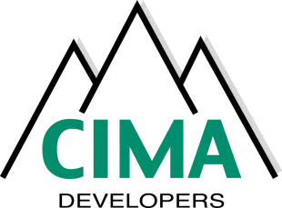 Logo for CIMA Developers featuring a teal "CIMA" below a black mountain range graphic. "DEVELOPERS" is in black text below.