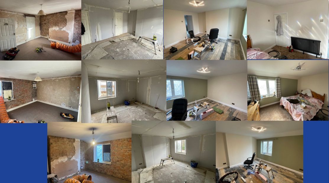 From start to finish, from removing old plaster, installing lintels and bricking up openings, drylining, electrical work, plastering and skirting boards. Lovely finished job.
