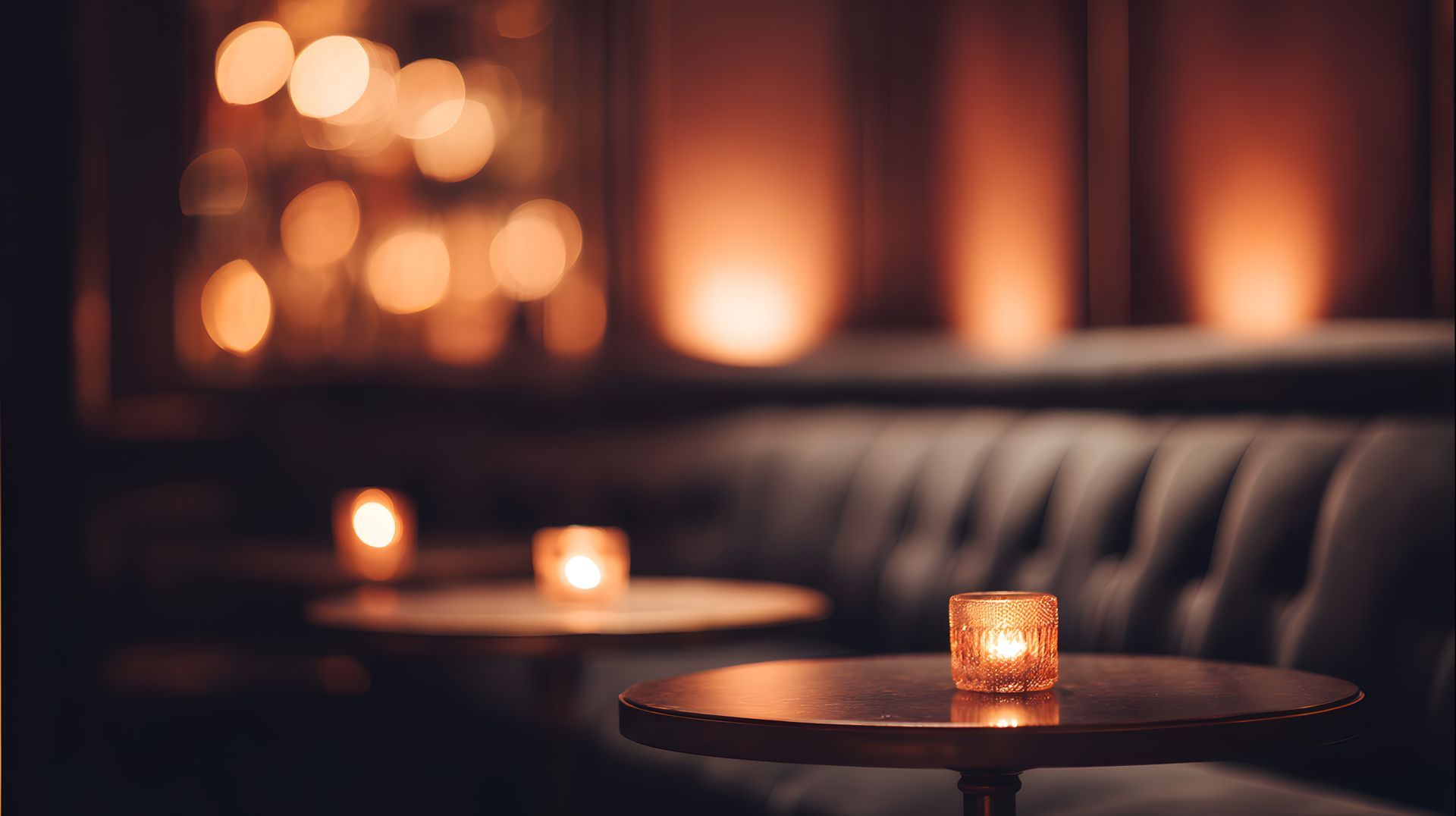 Candlelit lounge with small glowing candles on round tables and a tufted banquette in warm amber light