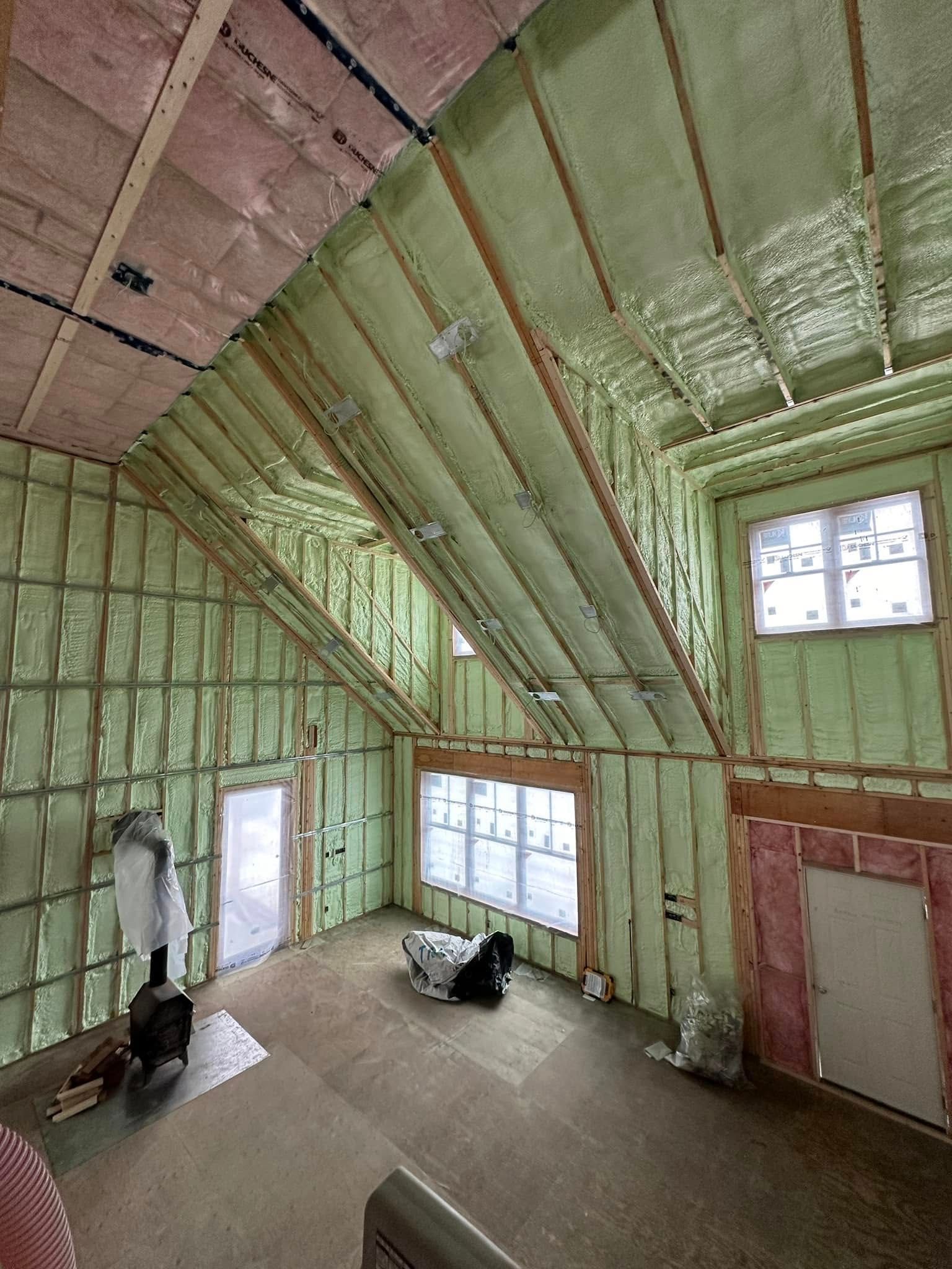 A room with a lot of insulation on the walls and ceiling.