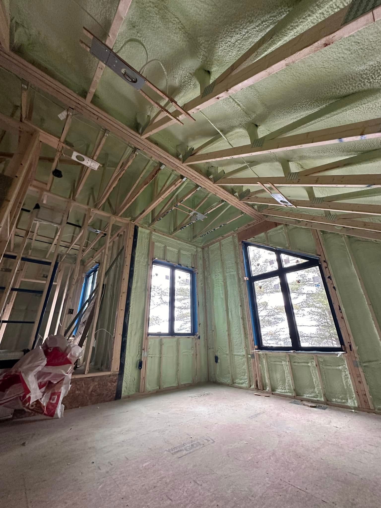 A room with a lot of insulation on the ceiling and walls.