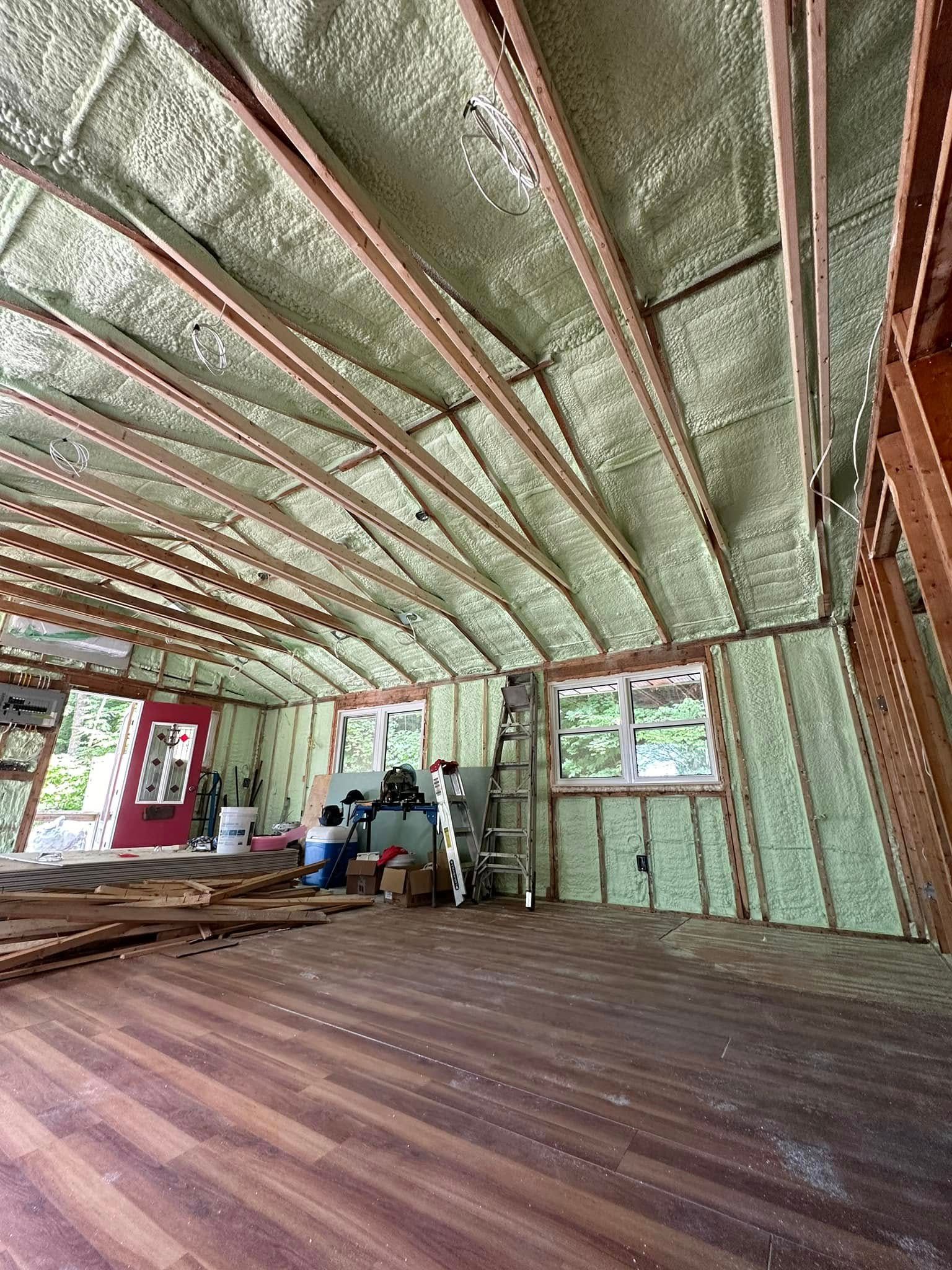 A room with a lot of insulation on the ceiling and walls.