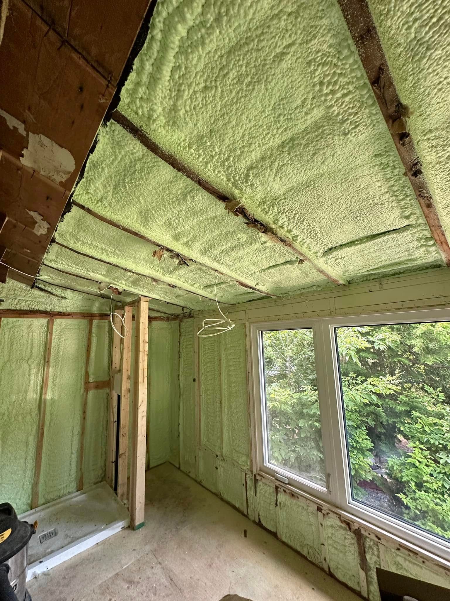 A room with a lot of green foam on the walls and ceiling.