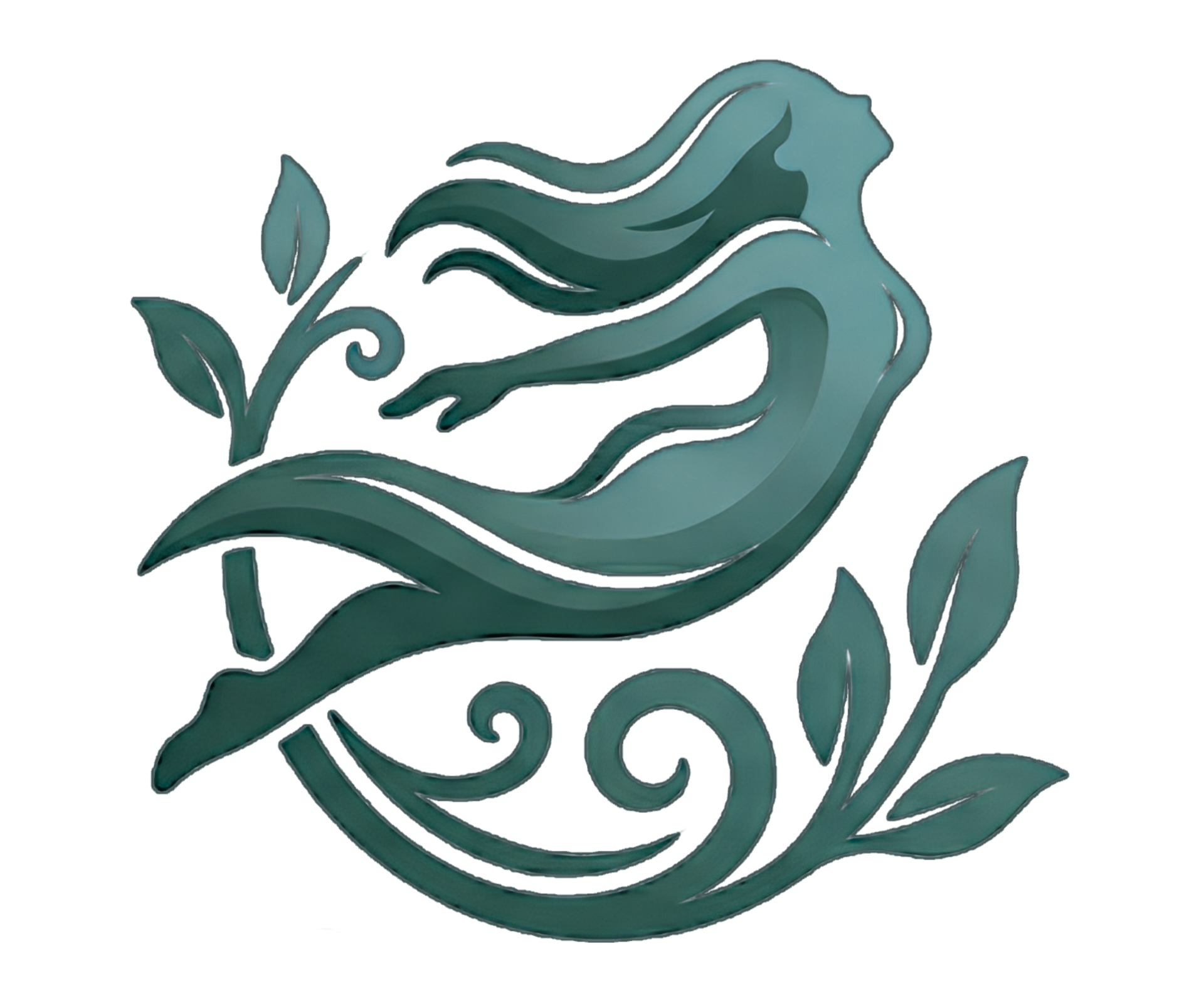 Teal stylized mermaid with flowing hair, swimming above decorative seaweed swirls
