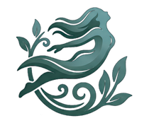 Teal stylized mermaid with flowing hair, swimming above decorative seaweed swirls
