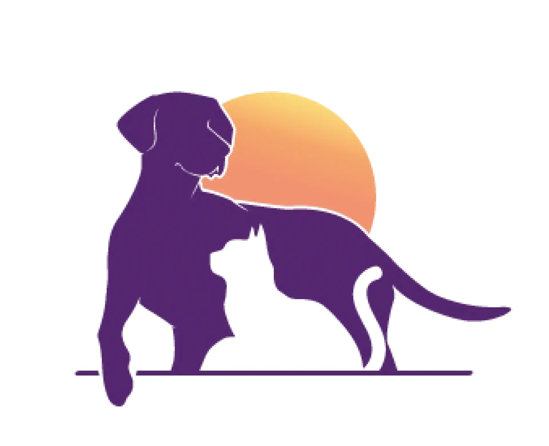 A purple silhouette of a dog standing over a white cat, set against an orange circular sun-like background.