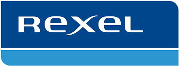 A blue and white logo for rexel on a white background.