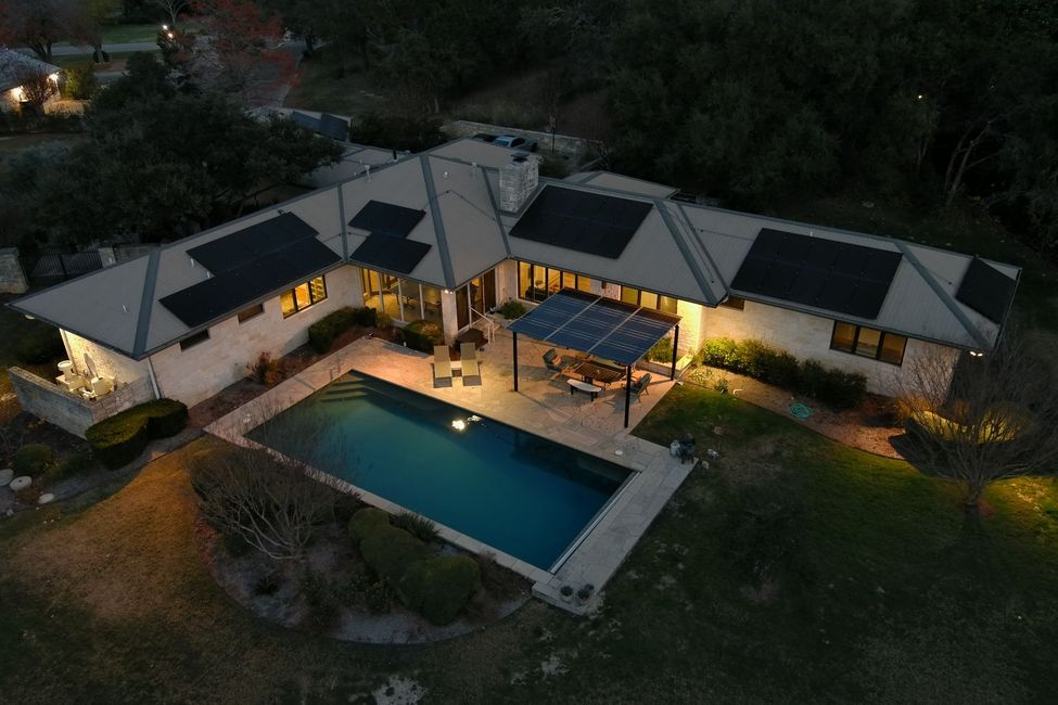 Solar Panels on Rooftop, Solar Panels on Gazebo, Solar inverter, Solar powered home on Bee Cave Road in austin Texas