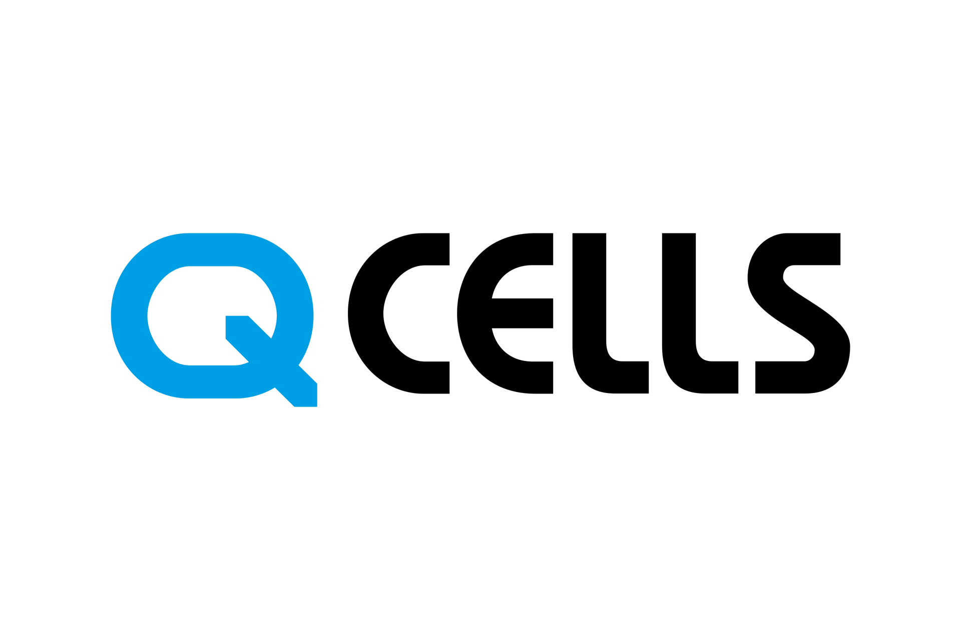 A blue and black logo for q cells on a white background.