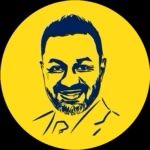 A stylized, high-contrast dark blue sketch of a smiling person on a solid yellow circular background.