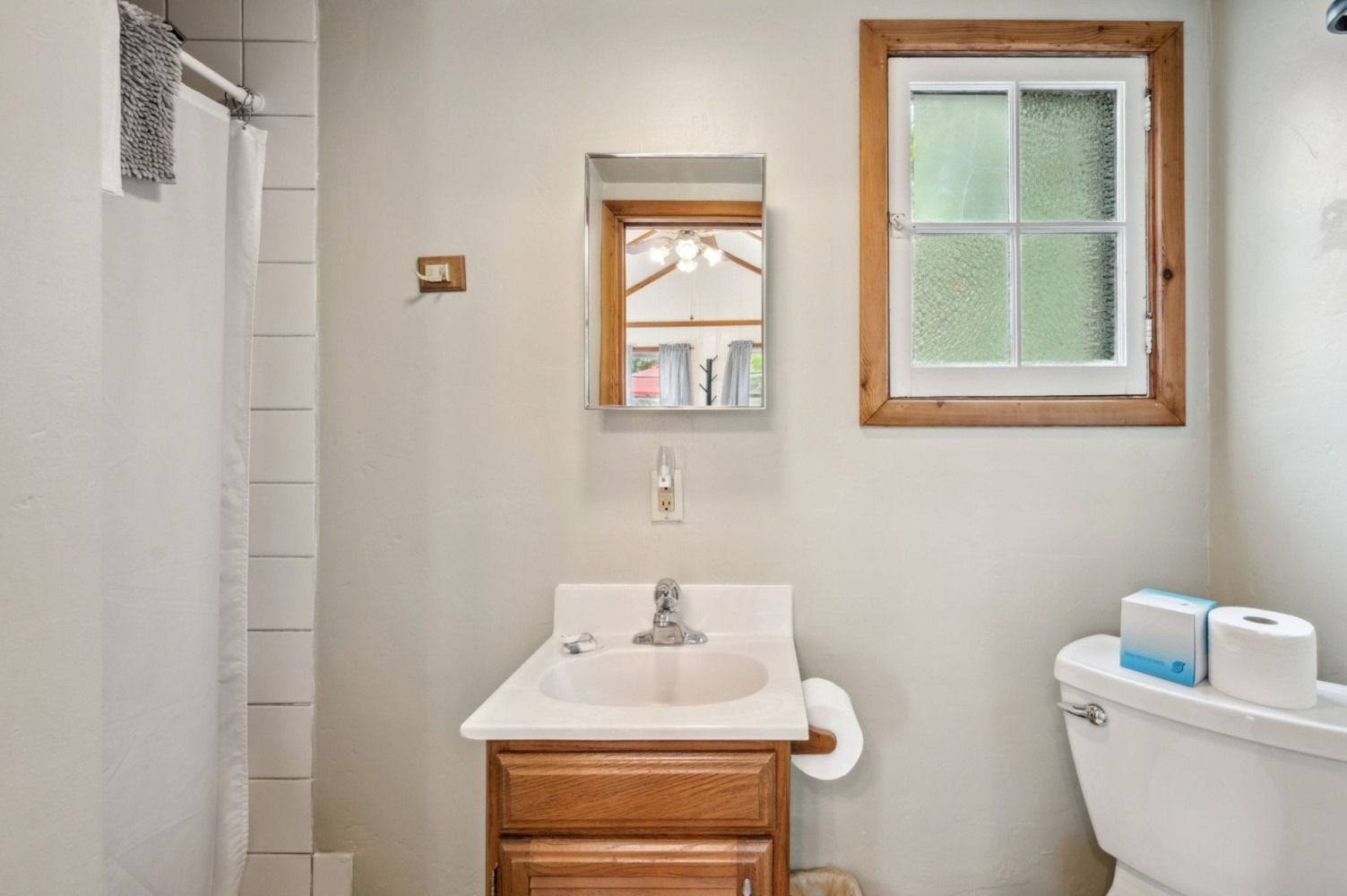 Small bathroom with sink, toilet, mirror, window, and shower.