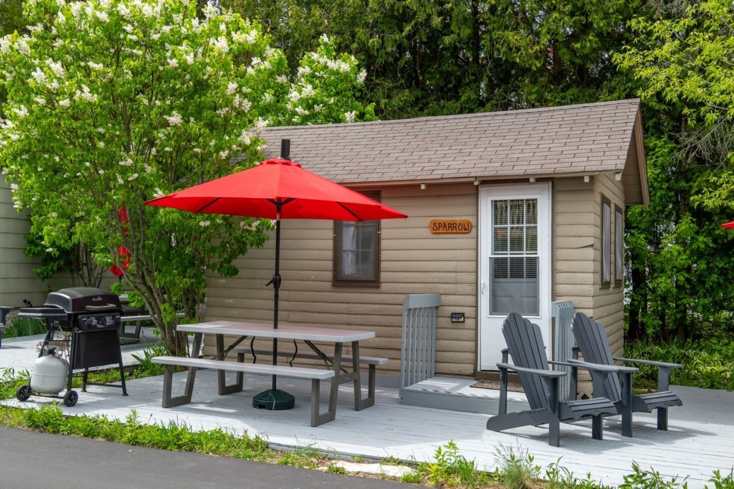 Small beige cabin with red umbrella, picnic table, grill, and Adirondack chairs outside.