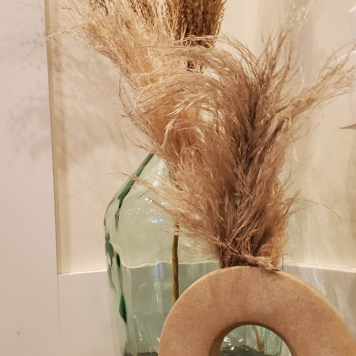Dried pampas grass in a green glass bottle, with a light brown ring in front.