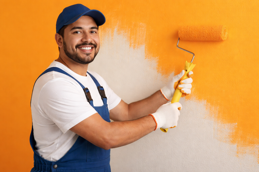 A person in blue coveralls and a cap smiles while using a roller to paint a wall with bright orange paint.