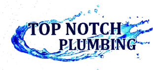 A logo for top notch plumbing with a blue splash of water