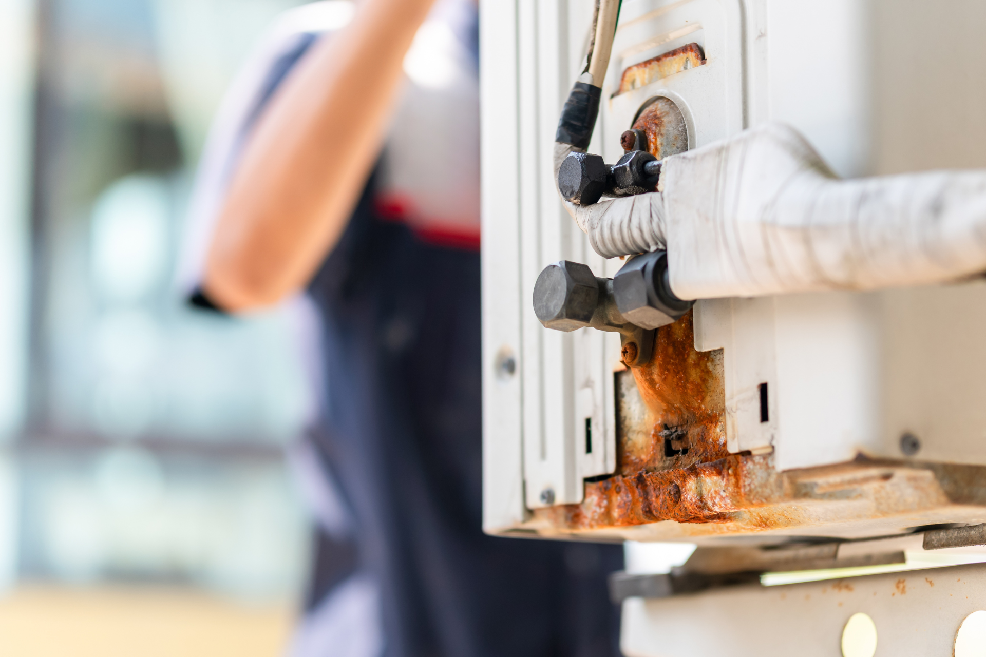 A man is working on a rusty air conditioner.