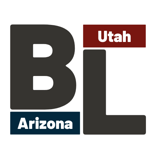 A logo for Barlow Law on a white background with the words Utah and Arizona