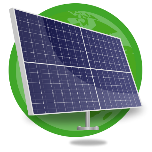 A solar panel in a green circle with a globe in the background