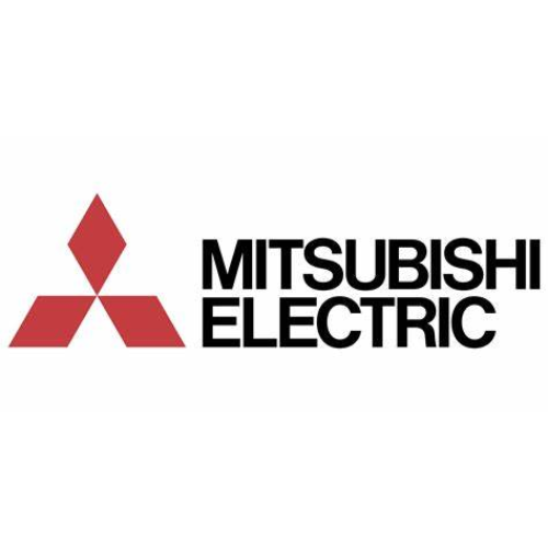The logo for mitsubishi electric is red and black on a white background.