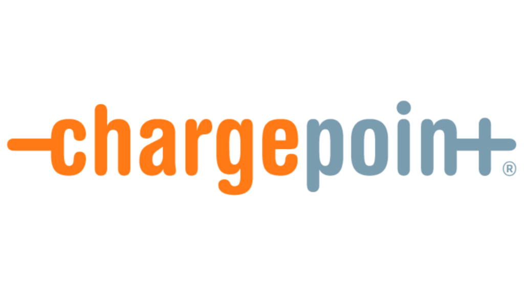 The logo for chargepoint is orange and blue on a white background.