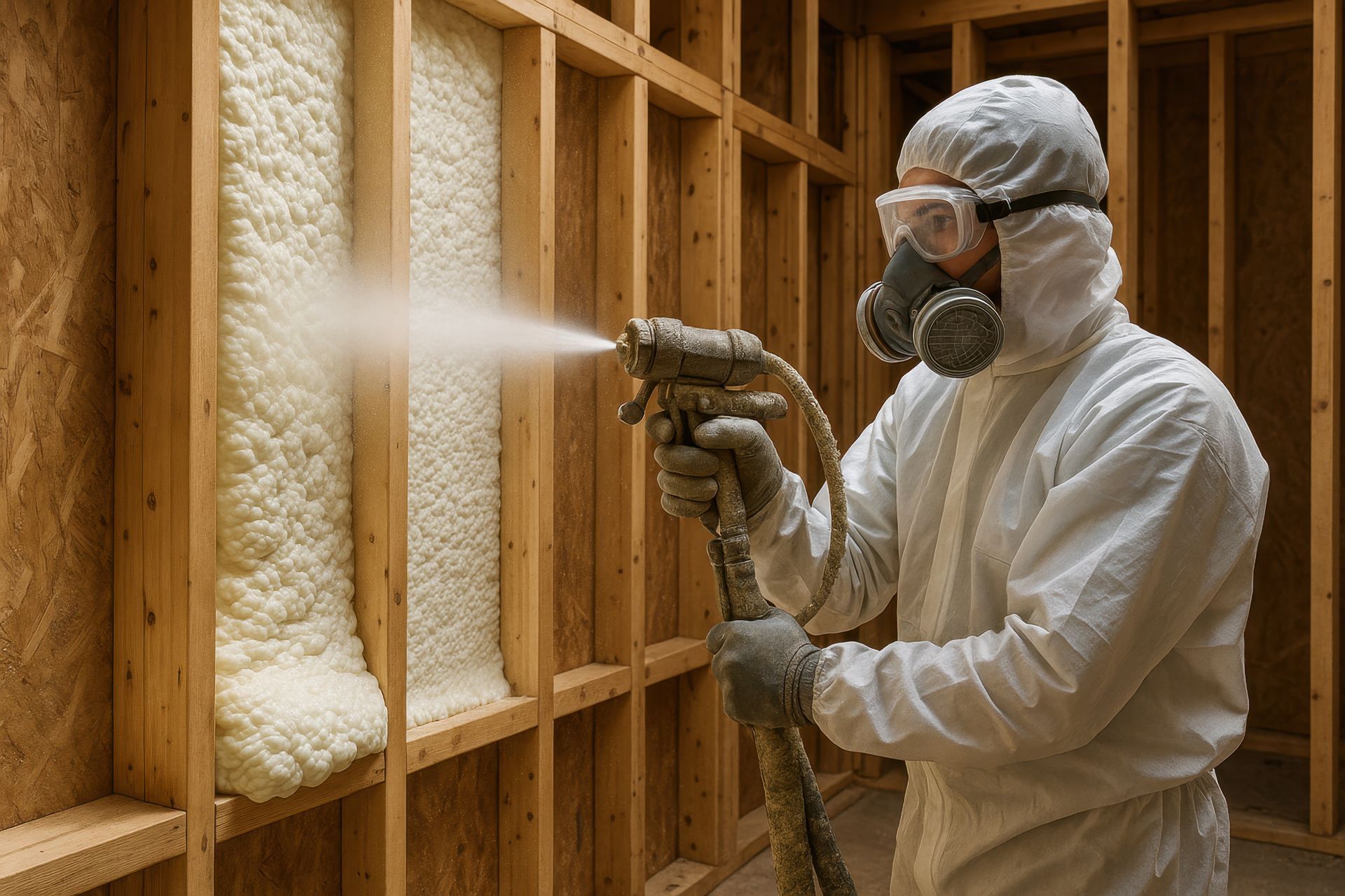 Worker in protective gear spraying foam insulation on wooden attic walls.