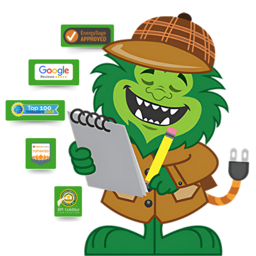 Green cartoon character in detective attire, holding a notepad and pencil, surrounded by trust badges.