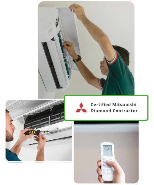 A man is working on a mitsubishi diamond contractor air conditioner