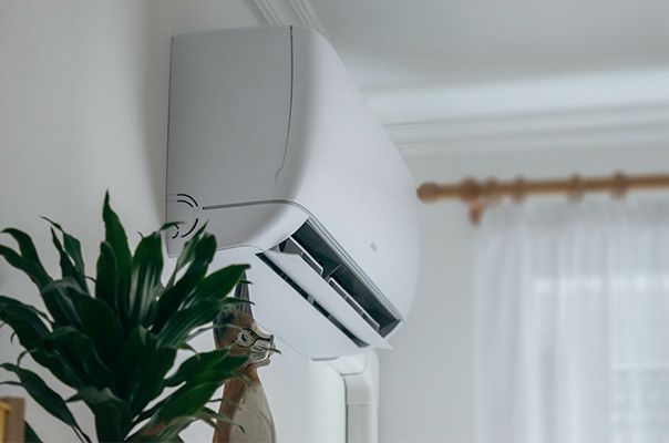 A white air conditioner is hanging on a wall next to a plant.