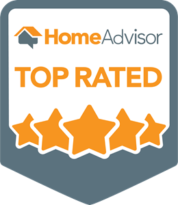 A badge that says home advisor top rated with five stars.