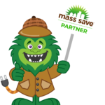 A green monster is holding a sign that says mass save partner.