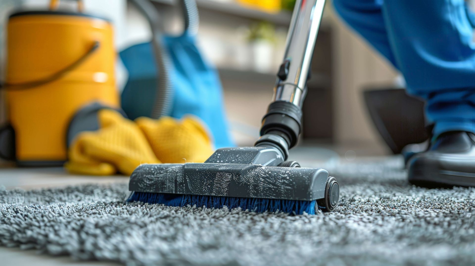 Vacuum cleaner cleaning a gray carpet; cleaning supplies and person in blue visible.