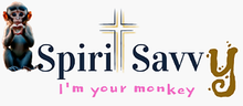 A logo with a small monkey, a cross replacing the letter 't', the words "Spiri Savvy," and "I'm your monkey" below.