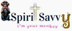 A logo with a small monkey, a cross replacing the letter 't', the words "Spiri Savvy," and "I'm your monkey" below.