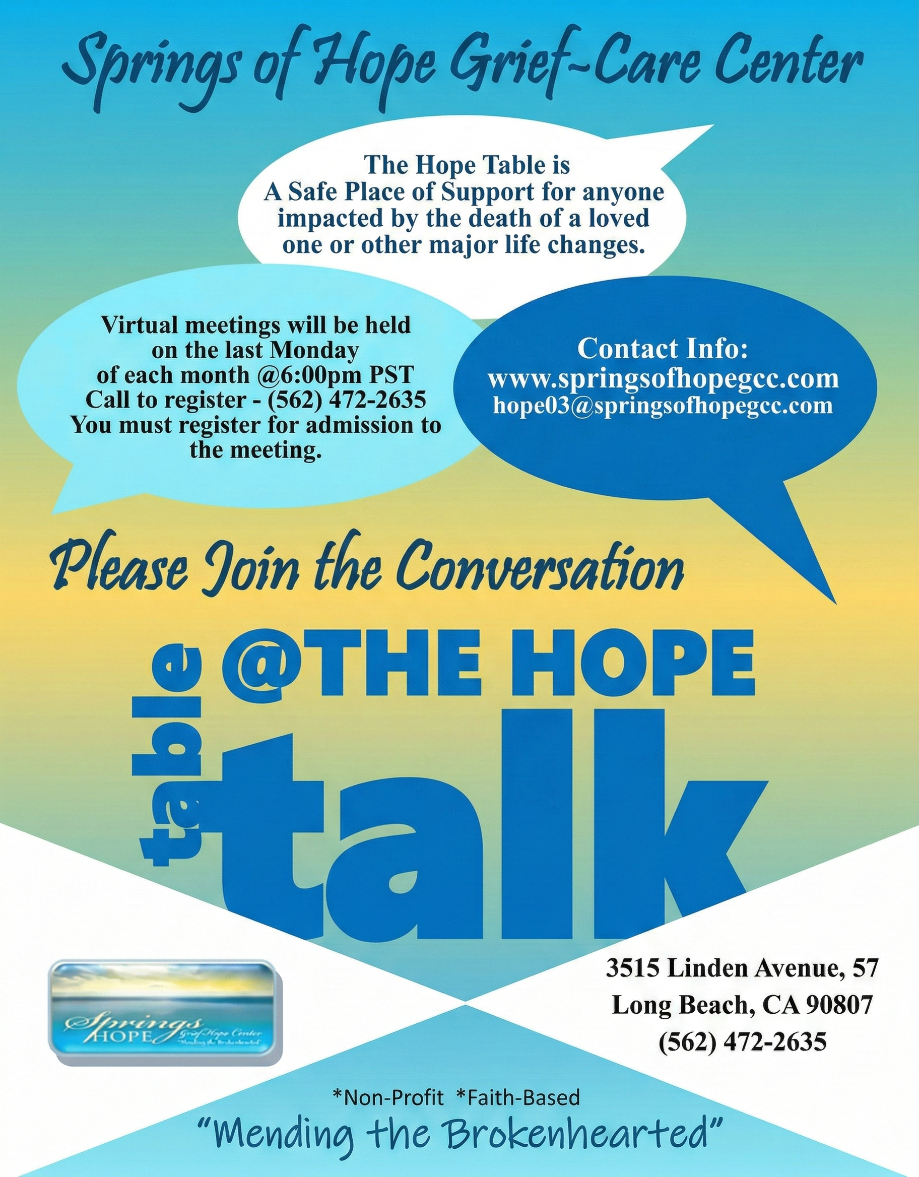 Flyer for Springs of Hope Grief-Care Center, advertising support for those impacted by loss, with virtual meeting details.
