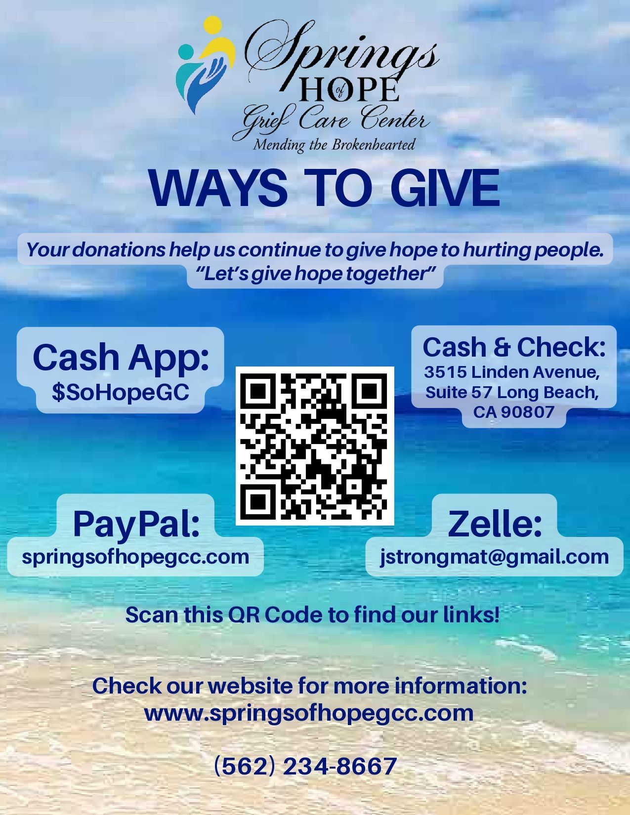 Flyer for Springs of Hope Grief Care Center, with ways to donate: Cash App, cash/check, PayPal, Zelle, website, phone.